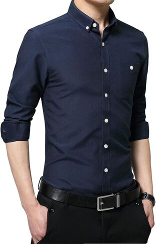 XTAPAN Men's Long Short Sleeve Casual Slim Fit Cotton Fashion Button Down Dress Shirt in Kuwait