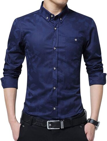 XTAPAN Men's Long Short Sleeve Casual Slim Fit Cotton Fashion Button Down Dress Shirt in Kuwait