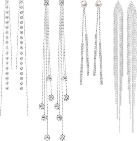 4 Pairs Long Tassel Dangle Drop Earrings Metal Chain Earrings Fake Crystal Pearl Rhinestone Earrings Wedding Formal Jewelry in Saudi Arabia