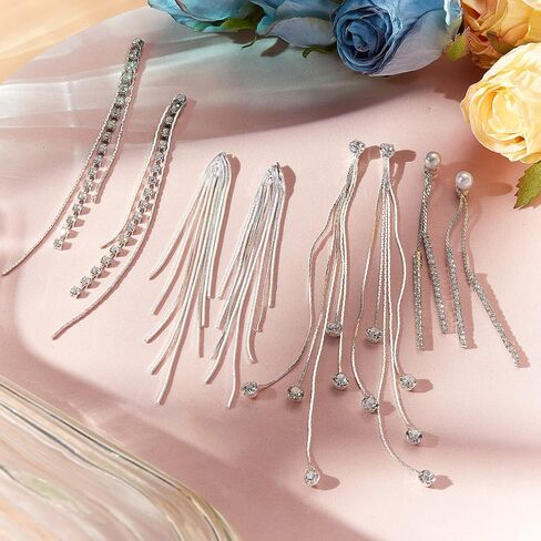 4 Pairs Long Tassel Dangle Drop Earrings Metal Chain Earrings Fake Crystal Pearl Rhinestone Earrings Wedding Formal Jewelry in Saudi Arabia