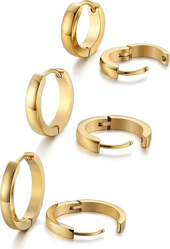 Jstyle 3Pairs Stainless Steel Mens Womens Hoop Earrings Huggie Ear Piercings Hypoallergenic 12/16/20mm in Kuwait