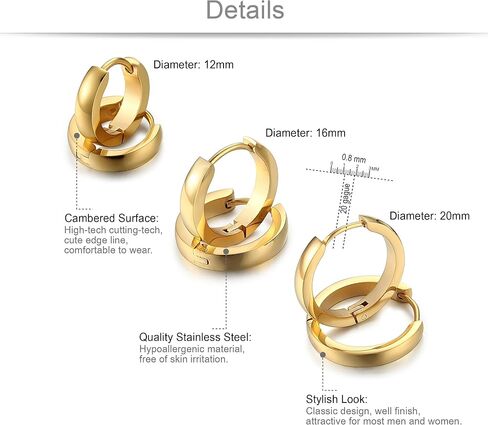 Jstyle 3Pairs Stainless Steel Mens Womens Hoop Earrings Huggie Ear Piercings Hypoallergenic 12/16/20mm in Kuwait
