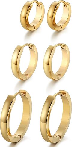 Jstyle 3Pairs Stainless Steel Mens Womens Hoop Earrings Huggie Ear Piercings Hypoallergenic 12/16/20mm in Kuwait