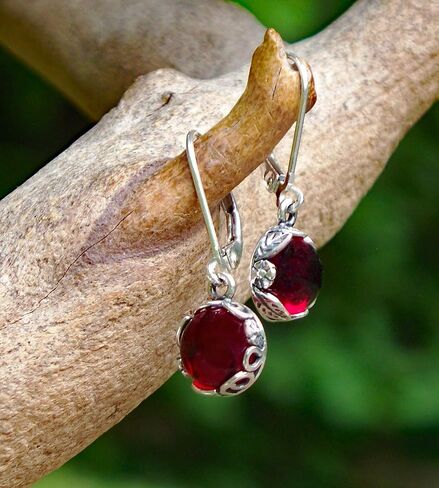 Recycled Vintage 1940's Red Beer Bottle Sterling Silver Botanical Leverback Earrings in Kuwait