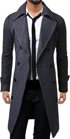 WSLCN Mens Winter Trench Coat Long Jacket Double Breasted Overcoat in Kuwait