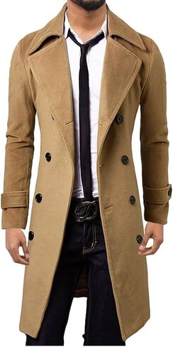 WSLCN Mens Winter Trench Coat Long Jacket Double Breasted Overcoat in Kuwait