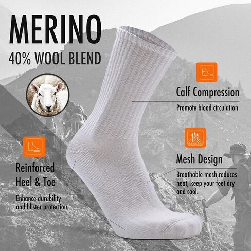 KitNSox 1/4 Pack Men's Women's Merino Wool Hiking Running Socks Crew Warm Thick Cushioned Outdoor Walking Sport Athletic Sock in Kuwait