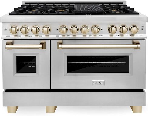 ZLINE Autograph Edition 48" 6.0 cu. ft. Dual Fuel Range with Gas Stove and Electric Oven in Stainless Steel with Gold Accents (RAZ-48-G) in Saudi Arabia