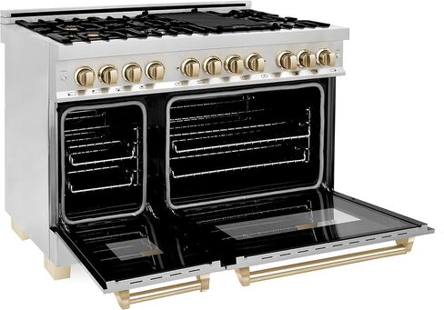 ZLINE Autograph Edition 48" 6.0 cu. ft. Dual Fuel Range with Gas Stove and Electric Oven in Stainless Steel with Gold Accents (RAZ-48-G) in Saudi Arabia