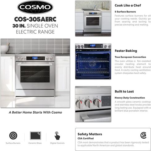 COSMO COS-305AERC Commercial-Style Electric Range with 4 Burners / 1 Warming Zone and 5 cu. ft. Capacity Oven with 7 Functions, Turbo True European Convection, 30 inch, Stainless Steel in Saudi Arabia