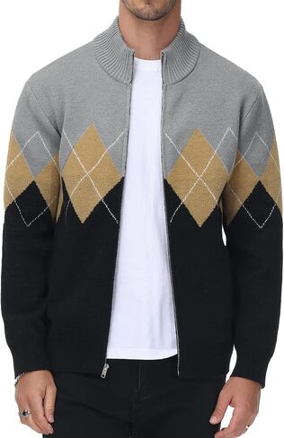 PJ PAUL JONES Mens Full Zip Cardigan Sweaters Argyle Stand Collar Knitwear in Saudi Arabia
