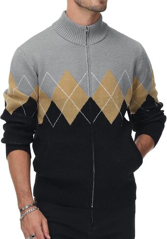 PJ PAUL JONES Mens Full Zip Cardigan Sweaters Argyle Stand Collar Knitwear in Saudi Arabia