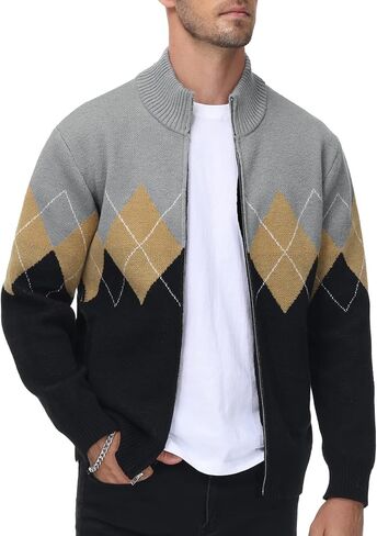 PJ PAUL JONES Mens Full Zip Cardigan Sweaters Argyle Stand Collar Knitwear in Saudi Arabia