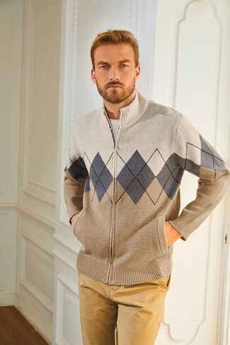 PJ PAUL JONES Mens Full Zip Cardigan Sweaters Argyle Stand Collar Knitwear in Saudi Arabia