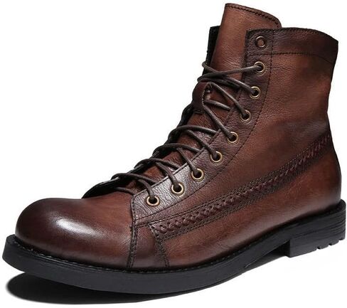 Men's Leather High Top Martin Boots,British Style Vintage Casual Round Toe Good Arch Ankle Boots Cowboy Boots Work Boots in Kuwait