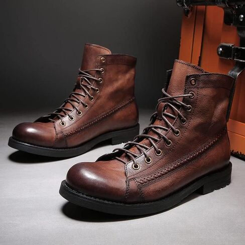 Men's Leather High Top Martin Boots,British Style Vintage Casual Round Toe Good Arch Ankle Boots Cowboy Boots Work Boots in Kuwait