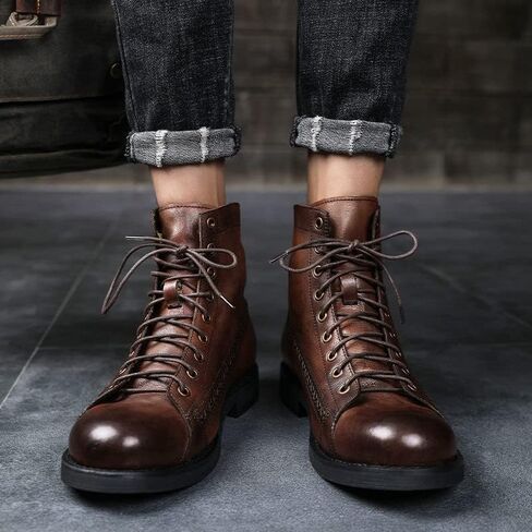 Men's Leather High Top Martin Boots,British Style Vintage Casual Round Toe Good Arch Ankle Boots Cowboy Boots Work Boots in Kuwait