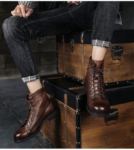 Men's Leather High Top Martin Boots,British Style Vintage Casual Round Toe Good Arch Ankle Boots Cowboy Boots Work Boots in Kuwait