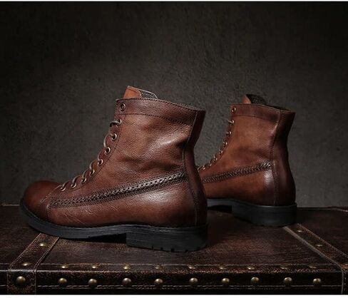 Men's Leather High Top Martin Boots,British Style Vintage Casual Round Toe Good Arch Ankle Boots Cowboy Boots Work Boots in Kuwait