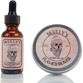 Skully's Beard Oil: Beard Oil 1 oz. & Beard Balm 2 oz. - Flamethrower - Cinnamon Scented - Premium Beard and Skin Care with Jojoba Oil & Argan Oil - Beard Itch, Dry Skin Relief - Handcrafted with All-Natural Ingredients in Saudi Arabia