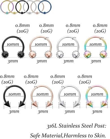 Vsnnsns 12G-20G حلقات حلقية من الفولاذ الجراحي على شكل حدوة حصان على شكل خرزة الأنف، مجوهرات ثقب الحاجز الغضروف، الزنمة، القرط، حلقة الشفاه، الحاجب، ثقب المجوهرات للنساء والرجال، 36 قطعة in Kuwait