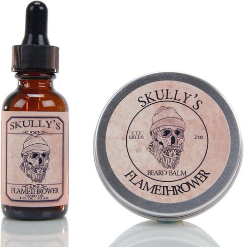 Skully's Beard Oil: Beard Oil 1 oz. & Beard Balm 2 oz. - Flamethrower - Cinnamon Scented - Premium Beard and Skin Care with Jojoba Oil & Argan Oil - Beard Itch, Dry Skin Relief - Handcrafted with All-Natural Ingredients in Saudi Arabia