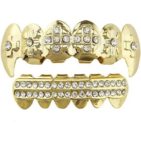 Vampire Fang Cross CZ Top and 2 Rows Bar Bottom Teeth Set Joker Diamond Hip Hop 18K Grillz in Kuwait
