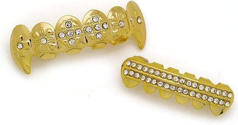 Vampire Fang Cross CZ Top and 2 Rows Bar Bottom Teeth Set Joker Diamond Hip Hop 18K Grillz in Saudi Arabia