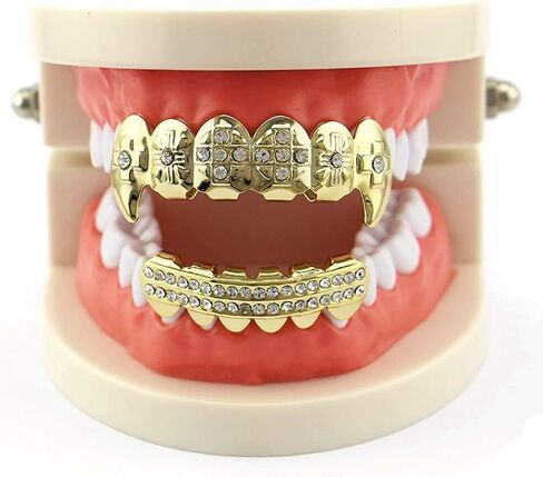 Vampire Fang Cross CZ Top and 2 Rows Bar Bottom Teeth Set Joker Diamond Hip Hop 18K Grillz in Saudi Arabia