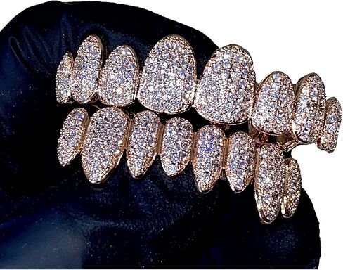 14k Rose Gold Joker Pink Grillz for Mouth Top Bottom Hip Hop Teeth Grills for Teeth Mouth Grillz for Mouth Top Bottom Hip Hop 8 Teeth Prong Set Cz Diamonds Grills for Tooth in Kuwait