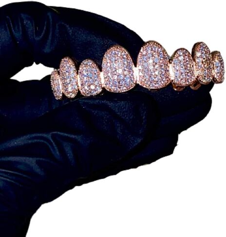 14k Rose Gold Joker Pink Grillz for Mouth Top Bottom Hip Hop Teeth Grills for Teeth Mouth Grillz for Mouth Top Bottom Hip Hop 8 Teeth Prong Set Cz Diamonds Grills for Tooth in Kuwait