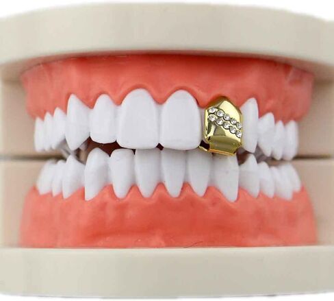 Psivika 2PC Gold Plated Diamond Single Grillz Cap for Your Teeth Grillz Men Women Hip Hop Jewelry Gift in Saudi Arabia