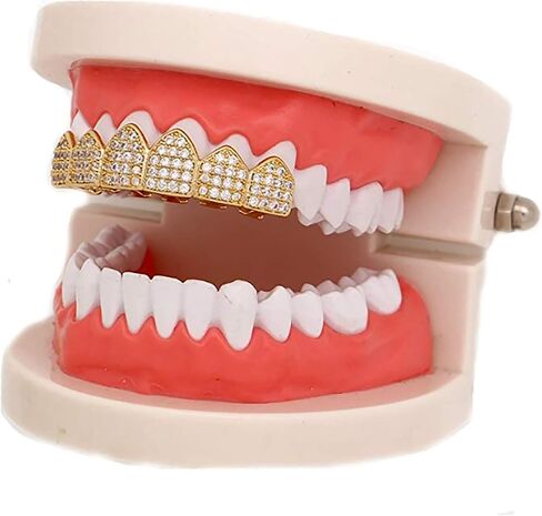 Shop-iGold 18K Gold Plated CZ Cluster Custom Slugs Top Bottom Rainbow Multi Color Grillz Fangs Mouth Teeth Grills Set - Grillz, Teeth Cap, Iced Out Grillz (Top) (Top) in Saudi Arabia