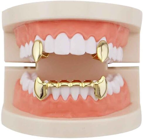 Psivika Gold Plated Shiny Hip Hop Teeth Grillz Caps Iced Out CZ Top and Bottom Vampire Fangs Grillz for Men and Women in Saudi Arabia