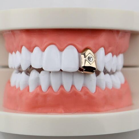 Huliyhus 2 Pcs 18K Gold Plated Single Grillz Cap for Your Teeth Diamond Teeth Grillz Men Women Hip Hop Teeth Grills Party Accessories in Saudi Arabia