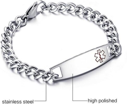 DIB Free Engraving Stainless Steel Medical Alert ID Bracelets Women Men Silver, Wrist Link Chain 7.5"/8.5" in Kuwait