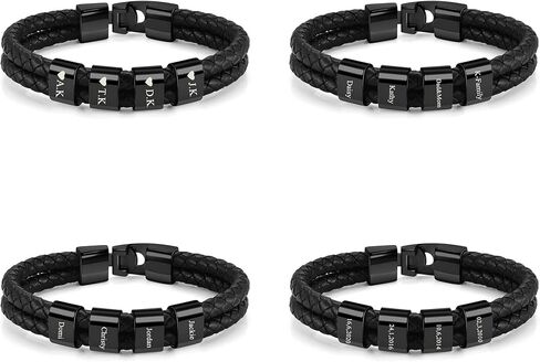 Jovivi Personalized Mens Black Braid Leather Bracelet with Custom 2-4 Names Engraved Name Beads Genuine Leather Bracelet Customized ID Bracelet for Women Men Birthday Mother's Day Father's Day in Kuwait