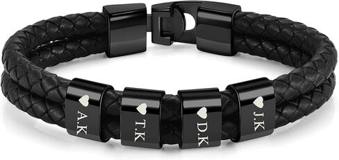 Jovivi Personalized Mens Black Braid Leather Bracelet with Custom 2-4 Names Engraved Name Beads Genuine Leather Bracelet Customized ID Bracelet for Women Men Birthday Mother's Day Father's Day in Kuwait