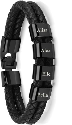 Jovivi Personalized Mens Black Braid Leather Bracelet with Custom 2-4 Names Engraved Name Beads Genuine Leather Bracelet Customized ID Bracelet for Women Men Birthday Mother's Day Father's Day in Kuwait