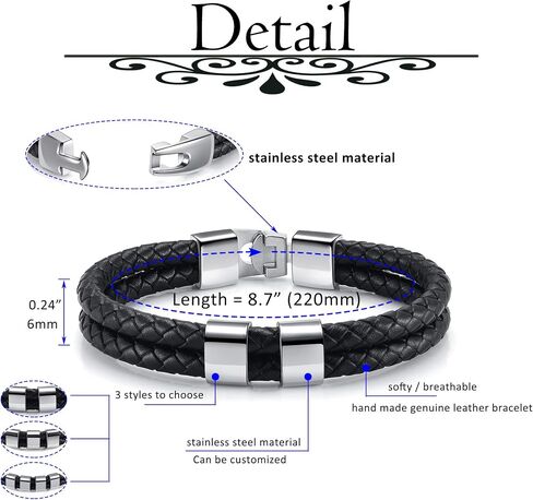 Jovivi Personalized Mens Black Braid Leather Bracelet with Custom 2-4 Names Engraved Name Beads Genuine Leather Bracelet Customized ID Bracelet for Women Men Birthday Mother's Day Father's Day in Kuwait