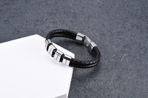 Jovivi Personalized Mens Black Braid Leather Bracelet with Custom 2-4 Names Engraved Name Beads Genuine Leather Bracelet Customized ID Bracelet for Women Men Birthday Mother's Day Father's Day in Kuwait