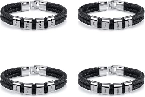 Jovivi Personalized Mens Black Braid Leather Bracelet with Custom 2-4 Names Engraved Name Beads Genuine Leather Bracelet Customized ID Bracelet for Women Men Birthday Mother's Day Father's Day in Kuwait