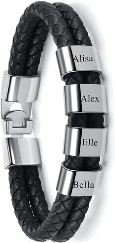 Jovivi Personalized Mens Black Braid Leather Bracelet with Custom 2-4 Names Engraved Name Beads Genuine Leather Bracelet Customized ID Bracelet for Women Men Birthday Mother's Day Father's Day in Kuwait