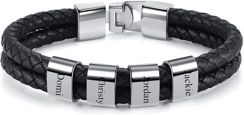 Jovivi Personalized Mens Black Braid Leather Bracelet with Custom 2-4 Names Engraved Name Beads Genuine Leather Bracelet Customized ID Bracelet for Women Men Birthday Mother's Day Father's Day in Kuwait