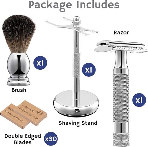 Double Edge Razor Shave Kit for Men with Heavy Duty Short Handle Safety Razor Shaving Brush Razor Holder Stand Safety Shaving Razors Barbershop Quality Close Smooth Shave with 30 Blades in Saudi Arabia