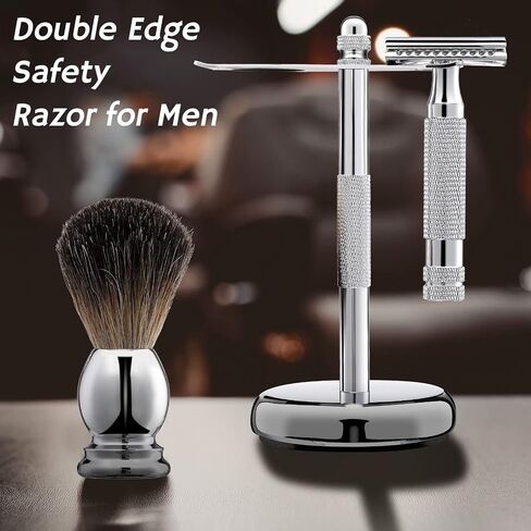 Double Edge Razor Shave Kit for Men with Heavy Duty Short Handle Safety Razor Shaving Brush Razor Holder Stand Safety Shaving Razors Barbershop Quality Close Smooth Shave with 30 Blades in Saudi Arabia