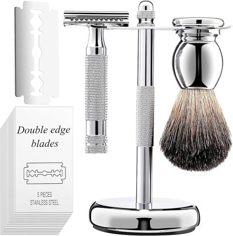 Double Edge Razor Shave Kit for Men with Heavy Duty Short Handle Safety Razor Shaving Brush Razor Holder Stand Safety Shaving Razors Barbershop Quality Close Smooth Shave with 30 Blades in Saudi Arabia