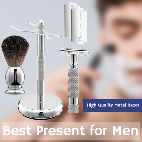 Double Edge Razor Shave Kit for Men with Heavy Duty Short Handle Safety Razor Shaving Brush Razor Holder Stand Safety Shaving Razors Barbershop Quality Close Smooth Shave with 30 Blades in Saudi Arabia