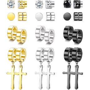 FIBO STEEL 12 زوج مغناطيسي غير ثقب أقراط للرجال النساء الفولاذ المقاوم للصدأ الرجال كليب على أقراط وهمية مقياس الصليب استرخى هجي هوب القرط مجموعة, ستانلس ستيل, زركونيا مكعب in Kuwait