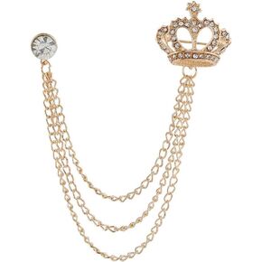 Rhinestone Crown Long Chain Brooch.Gold Silver Tassel Brooch Pin,Retro Crystal Suit Pins Collar Coat Pin for Men's Accessories Pin Husband Gifts